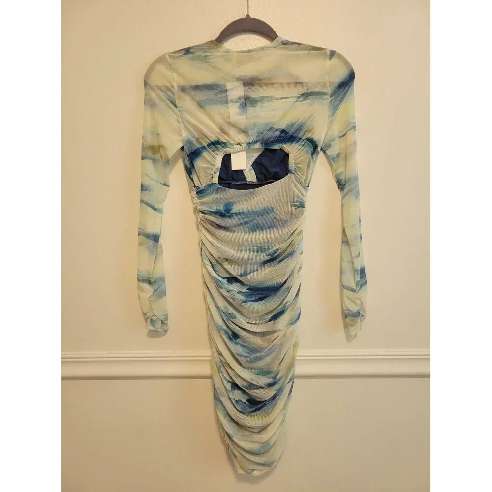 New womens sz xs jonathan simkhai nica ruched mesh watercolor print mini dress